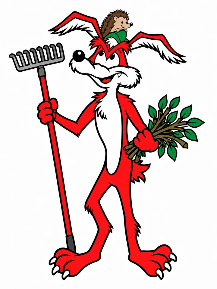 MONTEFIX-Maskottchen mit Rechen, Zweigen und Igel – Illustration für Gartenarbeiten